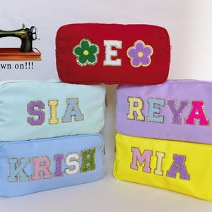 Personalized Nylon pouch, chenille patch Cosmetic bag, Nylon pouch with patches, pouch with patches , Travel Cosmetic bag