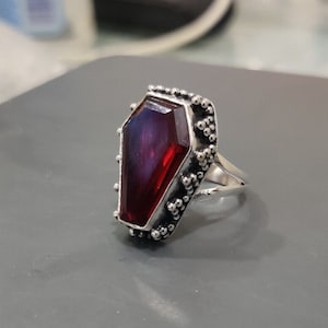 Elegant Garnet Coffin Ring - Exquisitely Handmade, Genuine 925 Sterling Silver Band - Perfect Gift for Her, Unique Boho Accessory Christmas