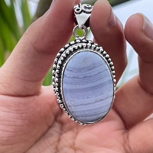 Blue Lace Agate Pendant, 925 Sterling Silver, Natural Blue Lace, Blue Lace Agate Jewelry, Gift for her, Anniversary Gift, Handmade Pendant