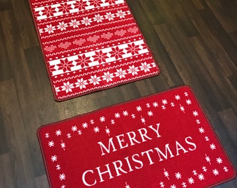 Anti-slip Snowflake Merry Christmas design set of 2 Runner 57cm x 110cm with doormat 40cm x 60cm. fully machine washable mats