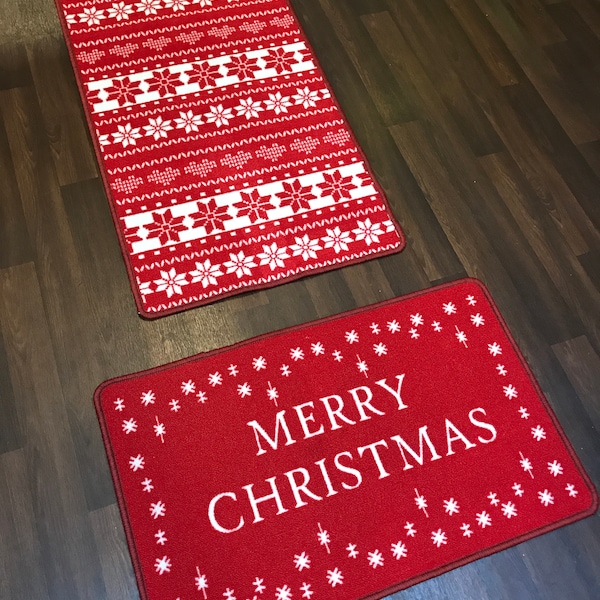 Anti-slip Snowflake Merry Christmas design set of 2 Runner 57cm x 110cm with doormat 40cm x 60cm. fully machine washable mats