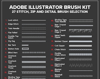 27 Piece Brush Set for Fashion Designers - Adobe Illustrator - Stitches, Zips and details - Fashion Illustrations