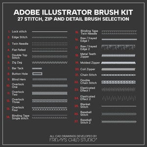 27 Piece Brush Set for Fashion Designers - Adobe Illustrator - Stitches, Zips and details - Fashion Illustrations