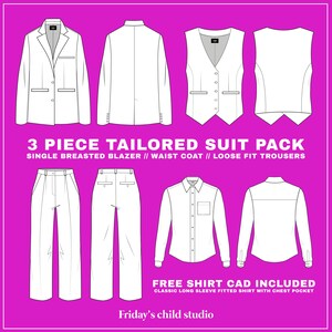 Puede incluir: Un conjunto de traje a medida de tres piezas que incluye una chaqueta de un solo botón, un chaleco y pantalones de corte holgado. Se incluye un CAD de camisa gratuito, que es una camisa clásica ajustada de manga larga con un bolsillo en el pecho. La imagen está sobre un fondo rosa.