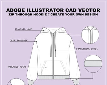 Zip Through Hoodie - SVG - CAD vector flat sketch for Adobe illustrator (AI) Unisex technical flat drawing - editable