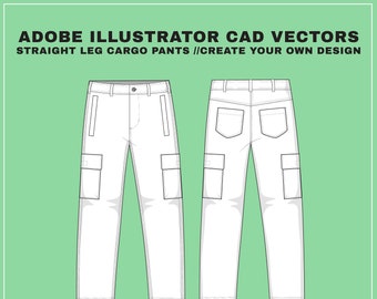 Pantalon cargo - jambe droite - SVG - Croquis plat vectoriel CAO pour Adobe Illustrator (AI) - Cargo / passepoil / poches traditionnelles- Dessin technique