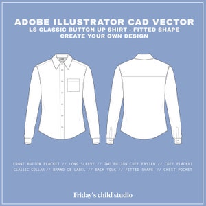 Long Sleeve Classic Button Up Shirt, Fitted shape - SVG - CAD Vector flat sketch for Adobe Illustrator (AI) - Technical drawing - Editable