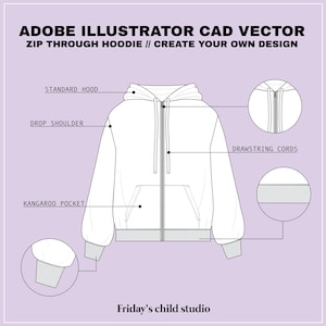 Zip-Through Hoodie - SVG - CAD Vektor flache Skizze für Adobe Illustrator (AI) Unisex technische flache Zeichnung - editierbar