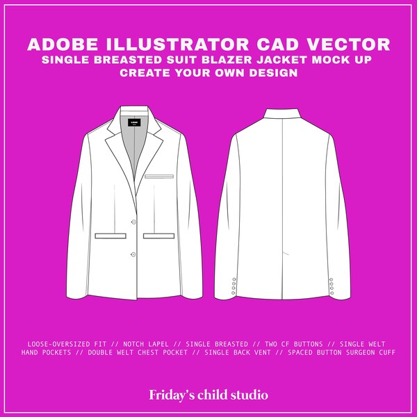 Single Breasted Suit Blazer Jacket - Notch Lapel - SVG - CAD Vector flat sketch for Adobe Illustrator (AI) - Technical drawing - Editable