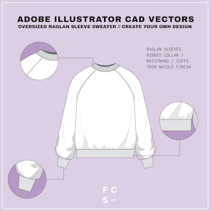 May include: White oversized raglan sleeve sweater with ribbed collar, waistband, and cuffs. The sweater has a twin needle finish. "FC S- " is written on the bottom of the image.