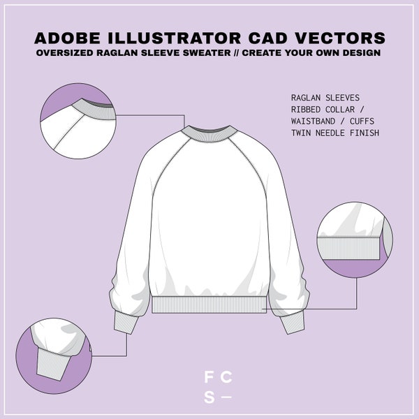 Oversized Raglan Sleeve Sweater - SVG - CAD vector technical drawing for Adobe illustrator (AI) - Unisex / women's / mens - Editable