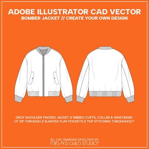 Op de afbeelding: Een witte bomberjack CAD vector illustratie met verlaagde schouders, geribde manchetten, kraag en tailleband. Voorzien van een CF-ritssluiting en schuine klepzakken. De tekst luidt "ADOBE ILLUSTRATOR CAD VECTOR BOMBER JACKET // CREATE YOUR OWN DESIGN".