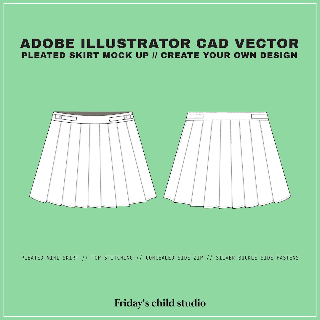 Women's Pleated Mini Skirt -SVG - CAD Vector Flat Sketch for Adobe