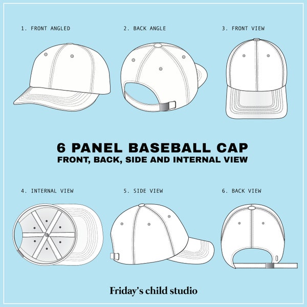 6 Panel baseball cap - SVG - CAD vector flat sketch for illustrator - Unisex / women's / men's technical drawing / editable