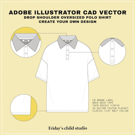 Drop Shoulder Oversized Polo Shirt SVG CAD Vector flat sketch for Adobe  Illustrator (AI) Technical drawing