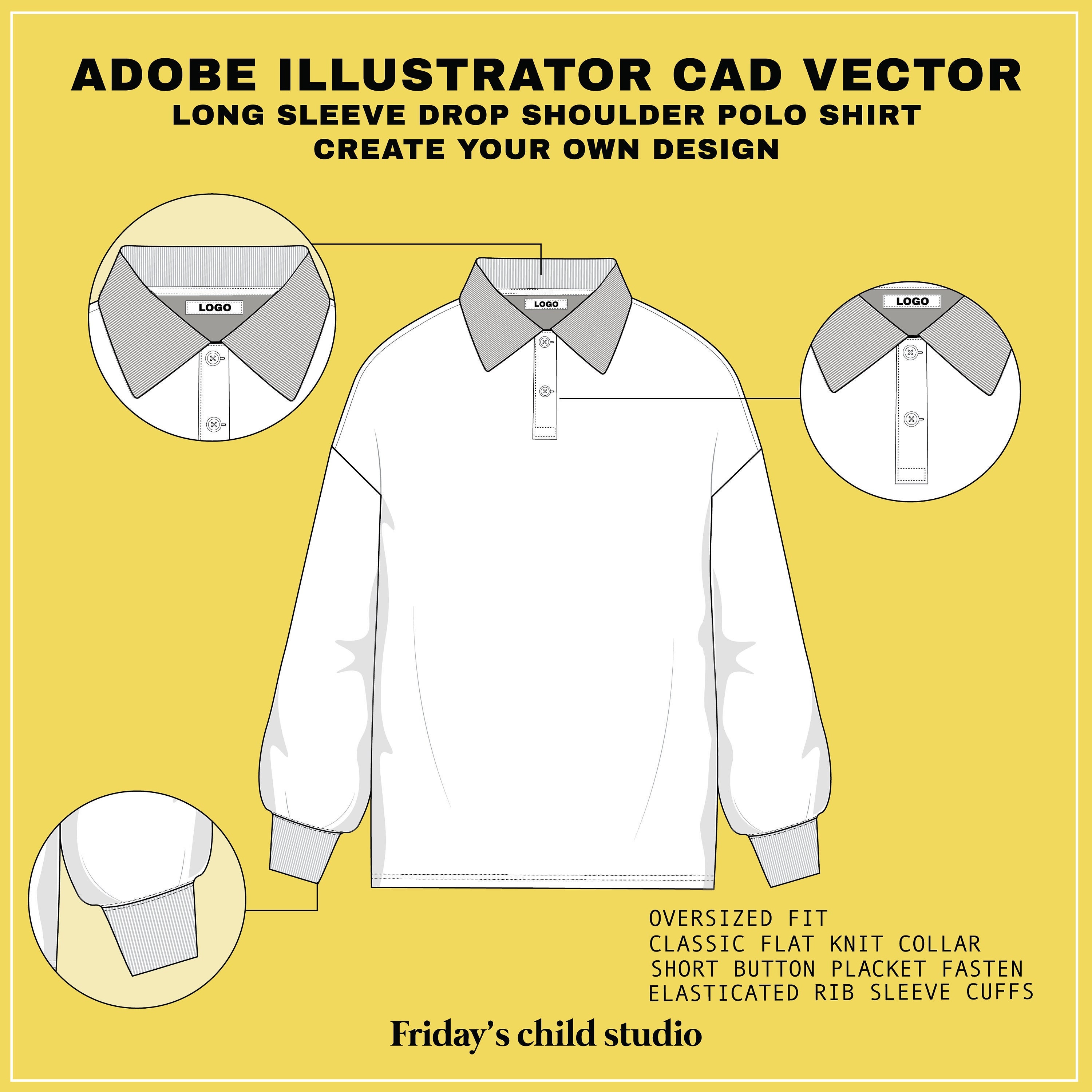 Long Sleeve Drop Shoulder Polo Shirt SVG CAD Vector Flat