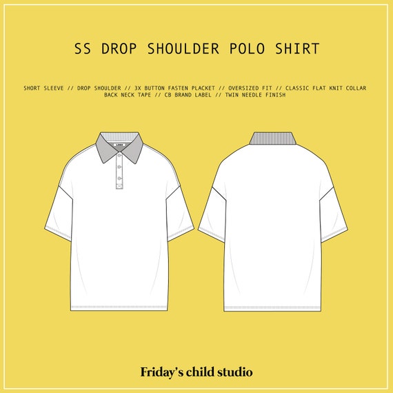 Drop Shoulder Oversized Polo Shirt - SVG - CAD Vector Flat