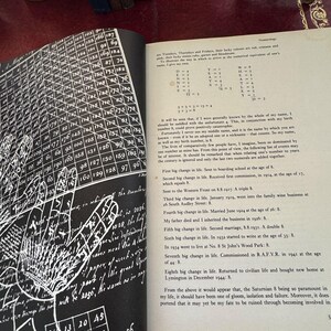 May include: Open book with pages displaying handwritten text and a grid of numbers. The left page features a black and white illustration of a hand. The right page has text about numerology.