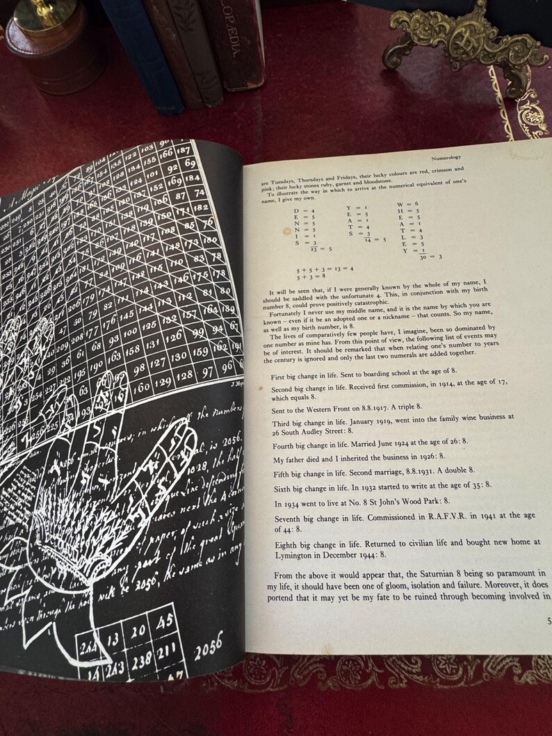 May include: Open book with pages displaying handwritten text and a grid of numbers. The left page features a black and white illustration of a hand. The right page has text about numerology.