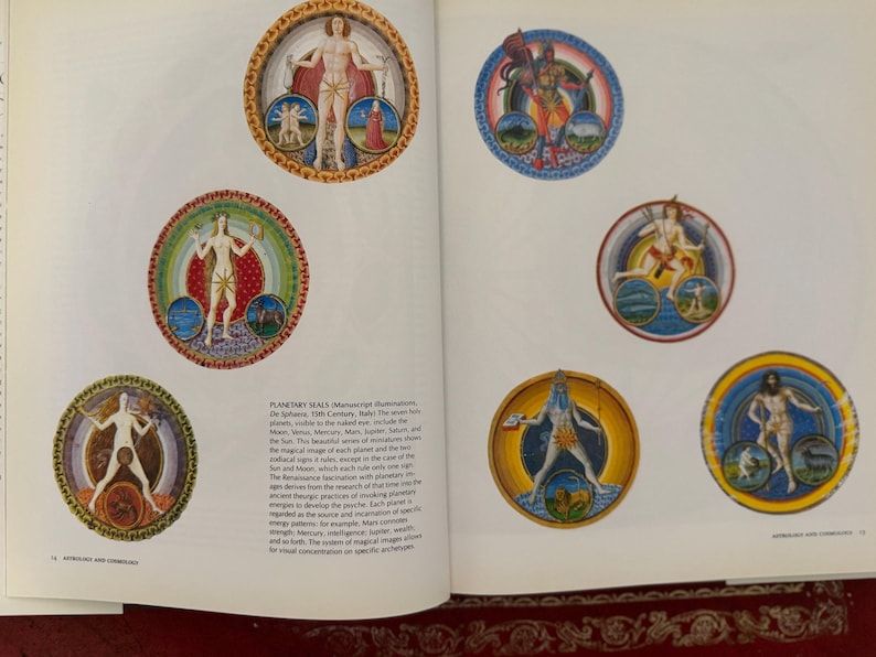 May include: A book page featuring colorful illustrations of planetary seals. Each circular design depicts a human figure with celestial elements, surrounded by intricate borders. The artwork is reminiscent of historical manuscript illuminations.
