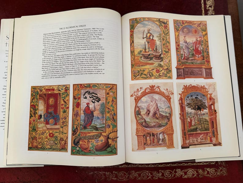 May include: Open book with colorful illustrations from "The 12 Alchemical Stages." The images are framed with ornate borders and depict figures and scenes in a medieval style. Text is visible on the pages.