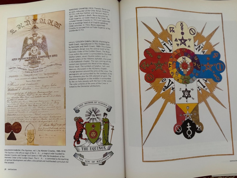 May include: A page from a book featuring illustrations and text. One illustration is a colorful cross with star and geometric designs. The other is a document with text and an emblem. The text includes the words "MASONIC CHARTER" and "THE EQUINOX".