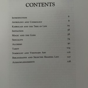 May include: A book's contents page with the title "CONTENTS" in bold black font. The page lists chapter titles such as "Astrology and Cosmology," "Tarot," and "Bibliography and Selected Reading List," with corresponding page numbers.