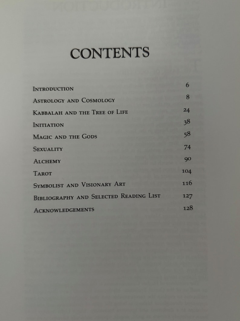 May include: A book's contents page with the title "CONTENTS" in bold black font. The page lists chapter titles such as "Astrology and Cosmology," "Tarot," and "Bibliography and Selected Reading List," with corresponding page numbers.