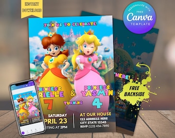 Peach and Daisy Birthday Invitation: Joint Party, Twins (Digital Download)