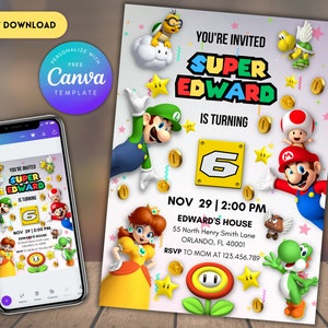 Invitation d'anniversaire de Super Mario | faire-part d'anniversaire | Invitation Super Mario | Modèle d'anniversaire imprimable imprimable pour faire-part de Mario