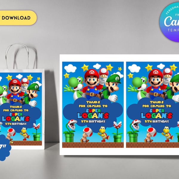 Super Mario Labels for Party Favor Bags | Mario Favour Bag | Super Mario | Mario Bros Labels | Kids Candy Bags | Gift Bags | Goodie Bag