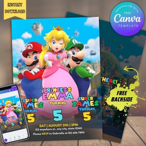 Convite de aniversário editável de Mario Peach Luigi Trio, anúncio de festa com download instantâneo no verso, convite de aniversário conjunto para impressão e digital