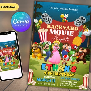 Super Mario Movie Night Geburtstag Einladung | Geburtstagseinladung | Super Mario Einladung | Bearbeitbare Movie Night Birthday Party Einladung