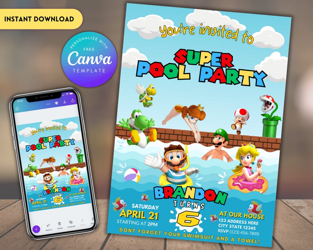 Super Mario Birthday Invitation, Birthday Invitation, Mario Waterslide Invitation, Editable ...