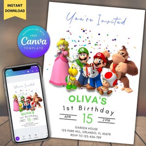 編集可能なスーパーマリオ誕生日招待状 マリオブラザーズデジタル招待状誕生日テンプレート スーパーマリオ招待誕生日招待状印刷可能