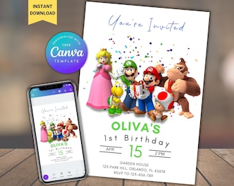 Editable Super Mario Birthday Party Invitation Canva Template, Mario Bros Birthday Party Digital Invite