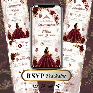 May include: A digital Quinceañera invitation displayed on a smartphone screen, featuring a girl in a dark red ball gown, floral arrangements, and butterflies. The text includes event details, a countdown, and RSVP trackable information.