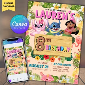 Bearbeitbare Lilo und Stitch Geburtstagseinladung Vorlage, Cartoon Geburtstagseinladung, Stitch Geburtstag Pool Party Einladung, Stitch Bday evite