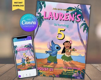 Editable Lilo and Stitch Birthday Invitation Canva Template , Girls Birthday Digital Invite