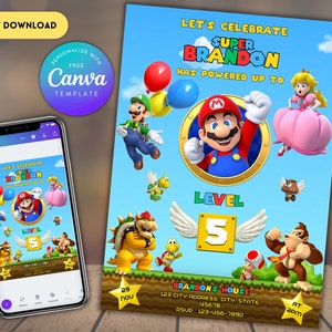 Edytowalne zaproszenie urodzinowe Super Mario Zaproszenie na imprezę Mario cyfrowe zaproszenie urodzinowe Zaproszenie Mario Bros Zaproszenie Mario i Peach