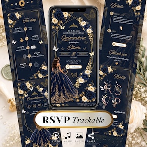 May include: A digital Quinceañera invitation displayed on a smartphone screen, featuring a navy blue background with gold floral accents, butterflies, and a crown. The design includes text for event details, a countdown, and RSVP information.