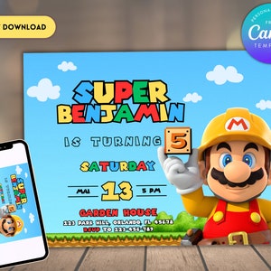 Invitation d'anniversaire Super Mario | Invitation d'anniversaire | Invitation Super Mario | Modèle d'anniversaire d'invitation Mario imprimable modifiable