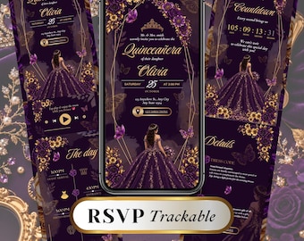 Royal Purple & Gold Quinceañera Digital Invitation, RSVP Website, Editable Canva 15 Años Template