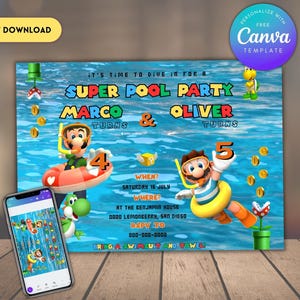 Super Mario frères et sœurs modifiables Téléchargement instantané, Invitation d'anniversaire à la piscine, Invitation à une fête à la piscine commune, Invitation numérique d'anniversaire de jumeaux