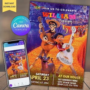 Può includere: Un colorato invito di compleanno con personaggi del film d'animazione Coco. L'invito include il testo "Unisciti a noi per festeggiare i 5 anni di William" e i dettagli dell'evento. Uno smartphone mostra lo stesso invito.