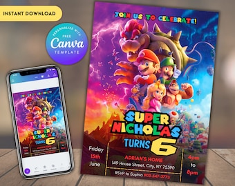 Bearbeitbare Super Mario Geburtstagseinladungsvorlage (Digitaler Download)