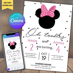 Bearbeitbare Minnie Girls Geschwister-Geburtstags-Party Einladung, Zwillinge Geburtstag einladen für Mädchen, Gemeinsame Geburtstagseinladung, Zwillinge Geburtstag Evite