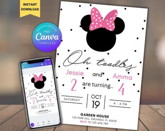 May include: A white and black polka dot birthday invitation with a black silhouette of Minnie Mouse wearing a pink bow with white polka dots. The text reads "Oh toodles Jessie and Amma are turning 2 and 4. Saturday Oct 19 4-6 PM. Garden House 123 Park Hill, Orlando, FL 45678 RSVP to 123-456-789"