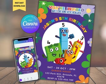Modèle d'invitation d'anniversaire Numberblocks : Cartoon Bday Evite (téléchargement numérique)