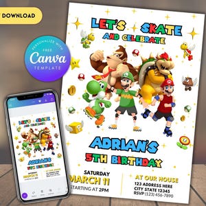 編集可能なマリオ誕生日ローラースケート誕生日パーティー招待状、スケートパーティー招待状、パーティー招待状ローラースケート、ローラースケート招待状